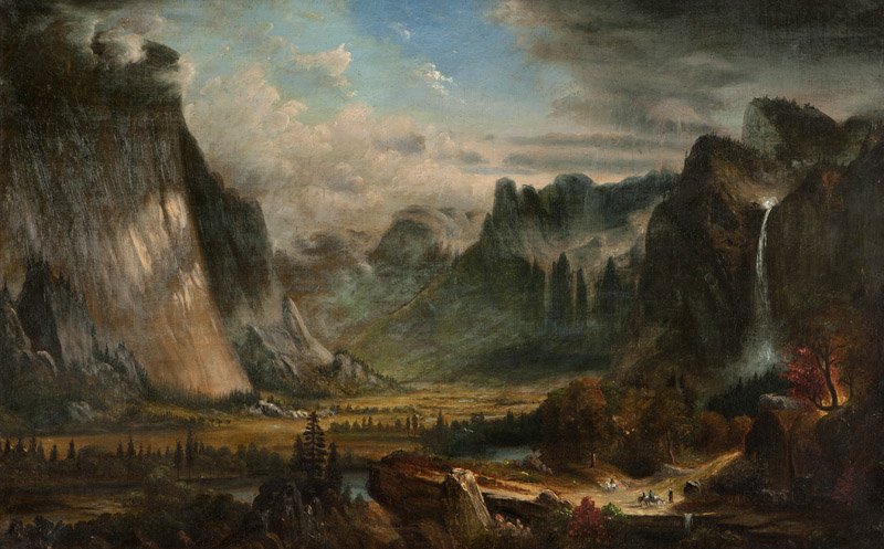 Lot# 213 Attributed to Alfred Jacob Miller (1810-1874: Figures in Yosemite Valley, Bridal Veil Falls, unsigned, oil on canvas, 20'' H x 32'' W, est: $5000/7000 Provenance: Dr. Joseph Robert Petranek, Gloucester, MA; Private Collection, Gloucester, MA