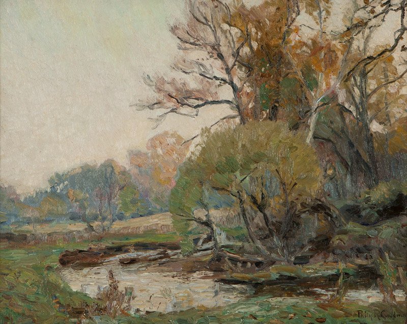 Philip Russell Goodwin (1881-1935 Mamaroneck, NY): Stream through a summer landscape, signed lower right: Philip R. Goodwin, oil on canvas laid to waxed canvas, 16'' H x 20'' W, est: $1500/2000 Provenance: Private Collection, Lakewood, CA