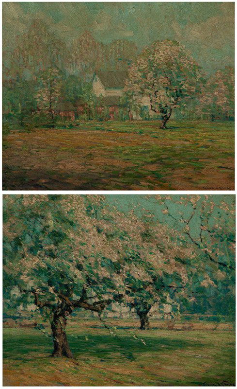 Frank Swift Chase (1886-1958 Woodstock, NY): Two works: trees in spring bloom and blossoming trees and building in a landscape, each: signed lower right: Frank S. Smith, each: oil on canvas, each: 16'' H x 20'' W, est: $2000/3000 Provenance: Pri