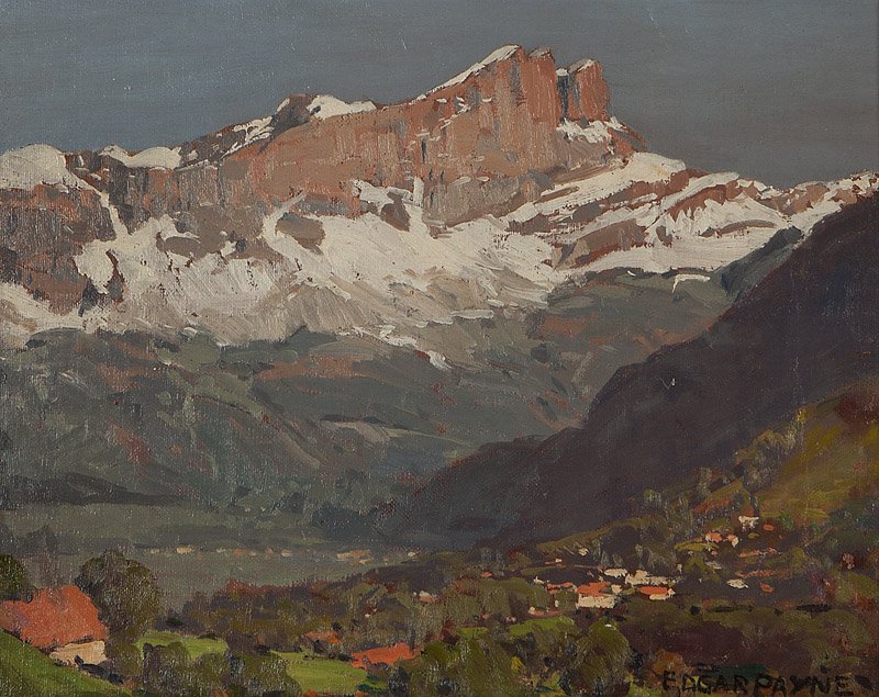 Edgar A. Payne (1883-1947 Los Angeles, CA): ''Peaks of St. Gervais (Rhone-Alps, France)'', signed lower right: Edgar Payne, titled on the frame plaque, oil on canvas laid to board, 12.5'' H x 16'' W, est: $15,000/20,000 Provenance: Private Coll