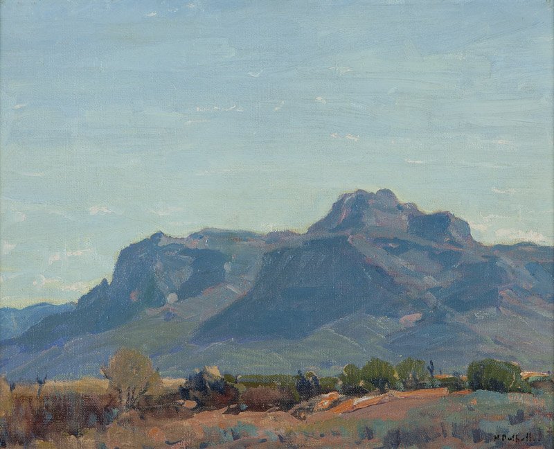 Hanson Duvall Puthuff (1875-1972 Corona Del Mar, CA): ''Morning - Apache Trail'', Southwestern landscape, circa 1930, signed lower right: H. Puthuff, signed again and titled verso before relining (see pre-restoration photo attached), oil on canvas laid t