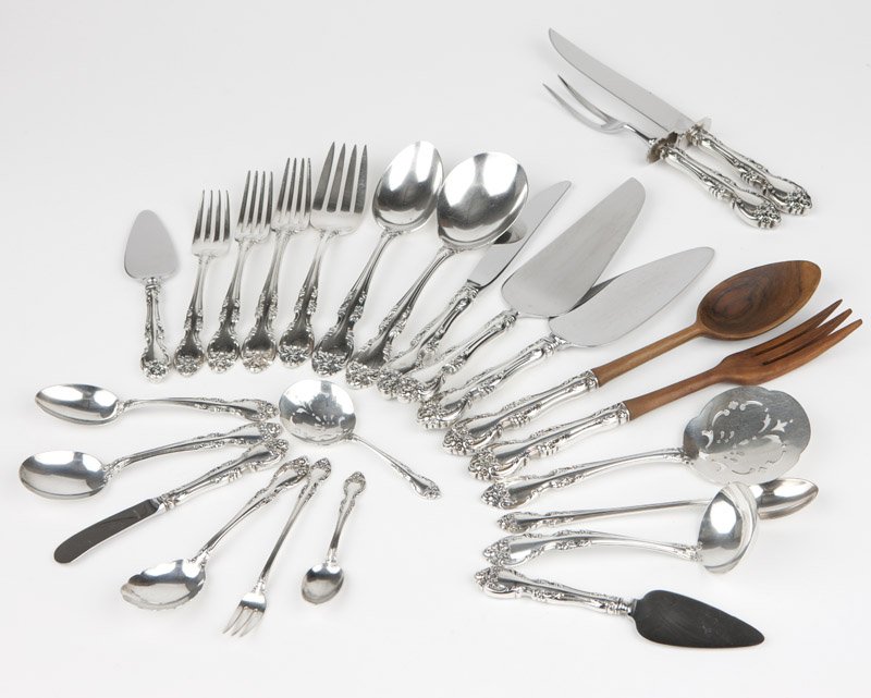 A Gorham sterling silver Melrose flatware service: Designed 1948, Providence, RI, an assembled partial flatware service for 12 in the ''Melrose'' pattern, all but the hollow-handle articles with maker's marks and further marked ''Sterling'', comprisin