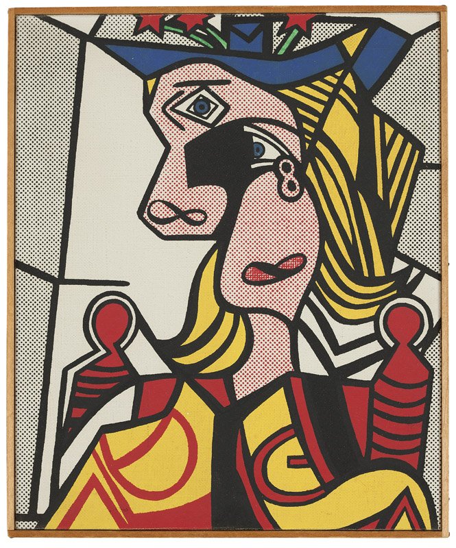 Richard H. Pettibone (1938-* American): ''Woman with Flowered Hat, 1963 [After Roy Lichtenstein]'', signed, dated and numbered verso: R Pettibone 1970, 7/100, acrylic silkscreen on canvas with artist frame, 7.25'' H x 6'' W, est: $8000/12,0