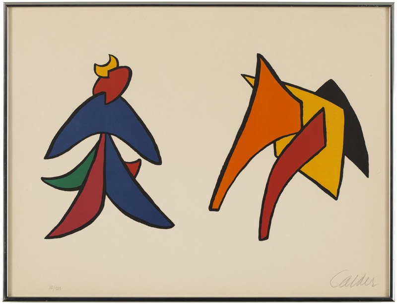 Alexander Calder (1898-1976 American): Two stabiles from Derriere Le Miroir #141 (1963), signed in pencil lower right: Calder, numbered in pencil lower left: 42/125, color lithograph on paper under glass, paper size: 18'' H x 24'' W, est: