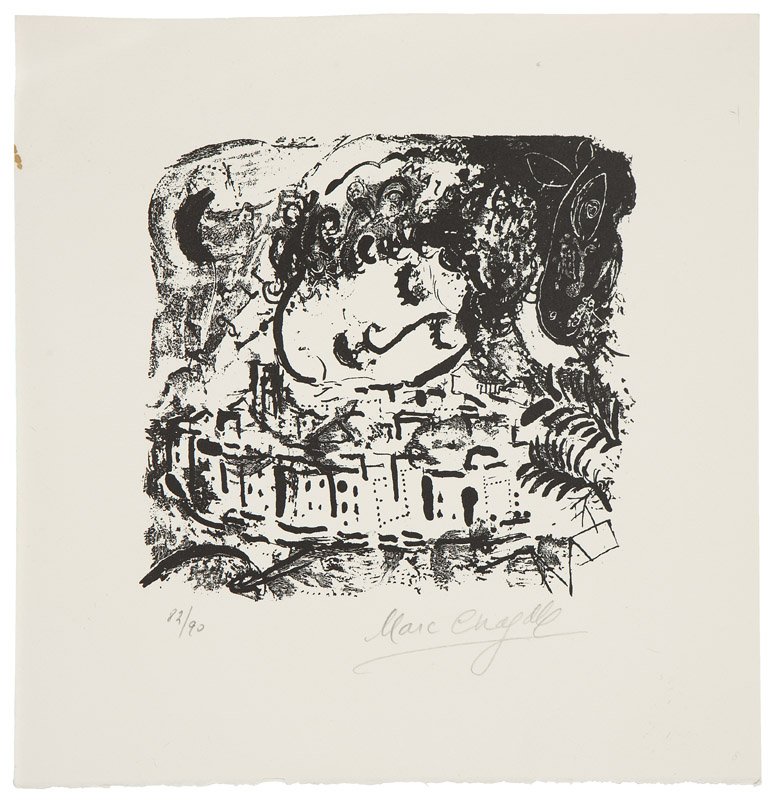 Marc Chagall (1887-1985 French): ''Le Village'', 1957, signed in pencil lower right: Marc Chagall, numbered in pencil lower left: 82/90, unframed lithograph on paper, image size: 7.5'' H x 8'' W, est: $800/1200 Literature: Mourlot, 1