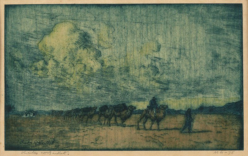 Charles W. Bartlett (1860-1940 British): ''The Caravan, China'', signed in pencil lower left: Charles W. Bartlett, signed again in the plate, numbered in pencil lower right: 61/75, titled verso, colored etching on paper under glass, plate si