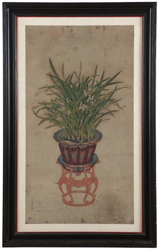 Attributed to Liang De Run, 19th Century scroll: Orchids in a raised planter, bears artist's seal lower left, paint on paper laid to paper with silk border, paper size: 43'' H x 23.25'' W, est: $1000/1500 Provenance: Estate of Edwin ''Ted'' Nittler