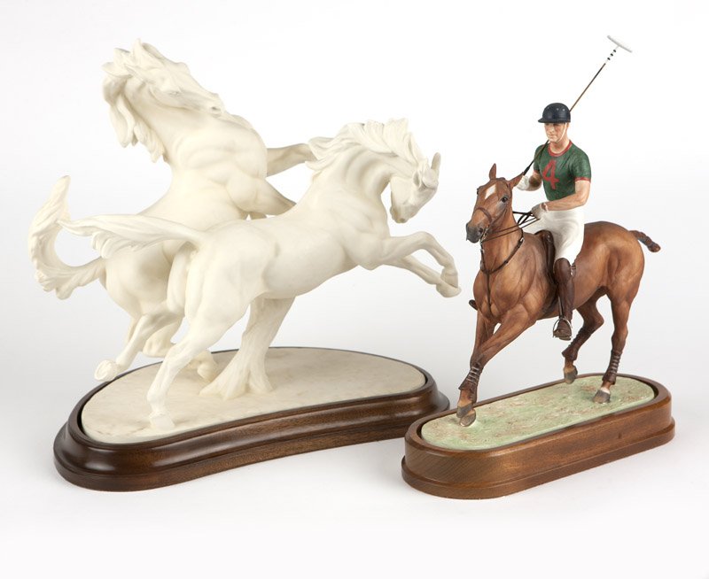 Two Royal Worcester porcelain equestrian groups: Circa 1960s, each with maker's marks, dated and titled to underside, two porcelain equestrian groups modeled by Doris Lindner, each with a wooden base and accompanied by COA, the first: ''Galloping Po