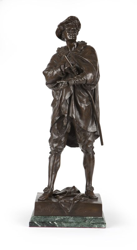 After Emile Louis Picault (1833-1915 French): Circa 1920s, titled to base ''Scapin'', incised signature to base ''E. Picault'' and with foundry pastille ''Ane Mon / Colin / Paris'', a bronze figure of a well-dressed man carrying a staff, surmount