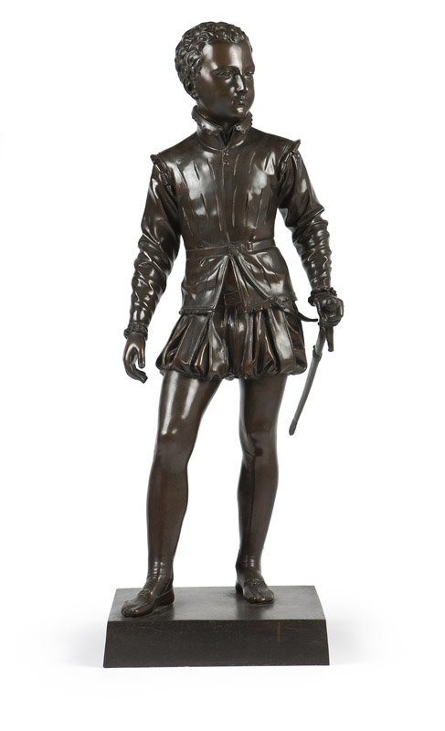 After Francois-Joseph Bosio (1768-1845 French): Late 19th / early 20th century, signed to base ''Bosio'', a bronze sculpture, ''Henry IV as a child'', the young prince depicted carrying a sword, raised on an integral rectangular base, 48.5'' H x 17