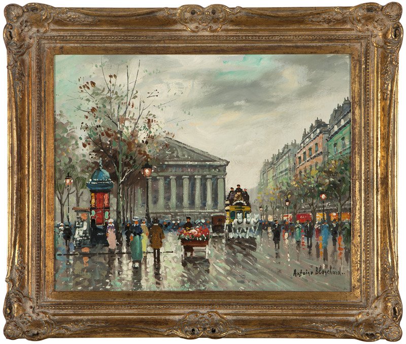 Antione Blanchard (1910-1988 French): Parisian street scene, Rue Royale, signed lower right: Antione Blanchard, oil on canvas, 16'' H x 20'' W, est: $5000/7000 Provenance: Private Collection, Beverly Hills, CA