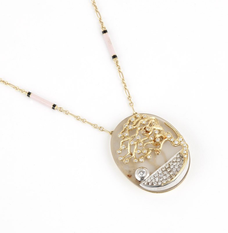 A diamond, crystal and gold tree necklace: An 18K gold tree pendant set with 72 full-cut diamonds totaling approximately 0.65 ct atop an oval frosted crystal attached to an 18K gold chain with pink and black enamel sectionals, 23 1/2'', est: $