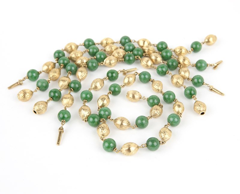 A collection of jade and gold beads: 18K gold textured oval beads with alternating round green jadeite jade beads, consisting of one necklace, 17 1/4'' and four connectable bracelets, 8 3/4'', 5 pcs, est: $1000/1500 Provenance: Property