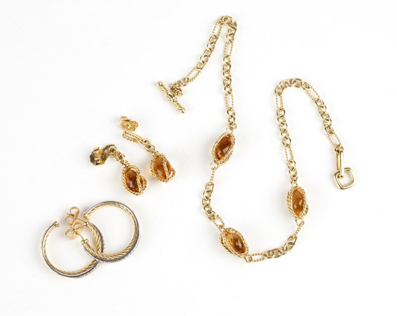 A group of citrine and gold jewelry, David Yurman: Stamped for David Yurman, an 18K gold and citrine necklace with matching pendant earrings together with a pair of 18K white and yellow gold and diamond hoop earrings, David Yurman, 16'', 61.8 gms gros