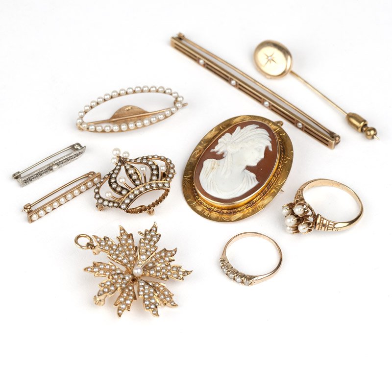 A collection of antique gold jewelry: Comprising three 14K gold and seed pearl brooches, three bar pins, one locket later converted to a stick pin and two 10K gold and seed pearl rings and one cameo pendant/brooch, 33.3 gms gross, 10 pcs,
