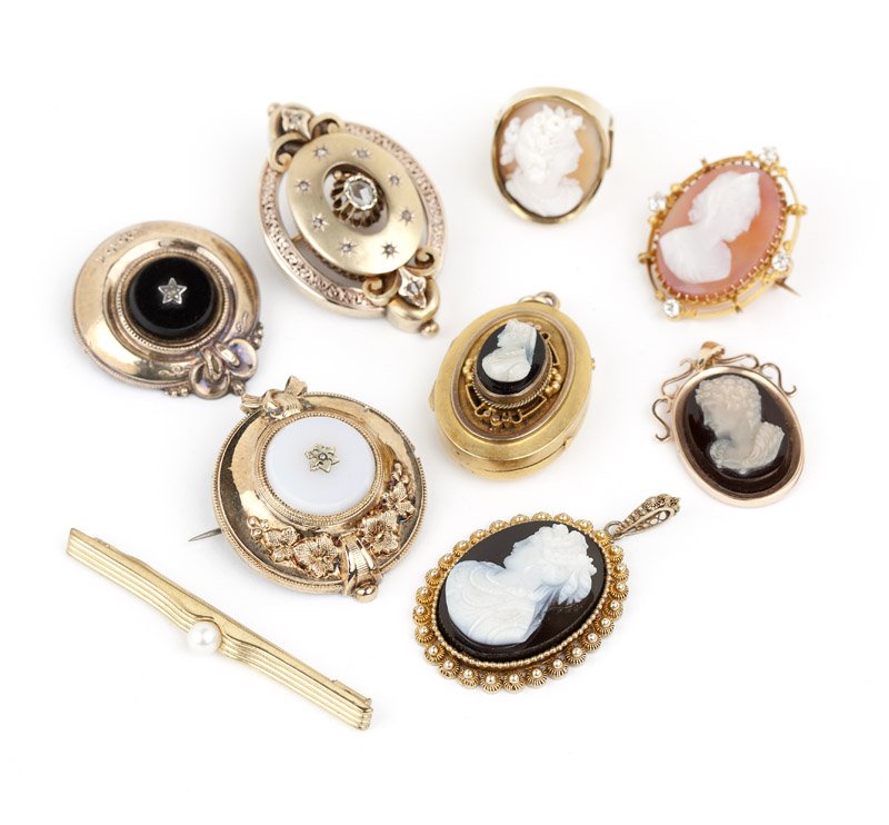 A group of antique gold and gold-filled jewelry: A 14K gold cameo ring and a 14K rose gold cameo pendants, together with six cameo, diamond, gold-filled and metal pendant/brooches, pendant, locket and bar pin, 16.5 gms gross of gold items only, 9 pc