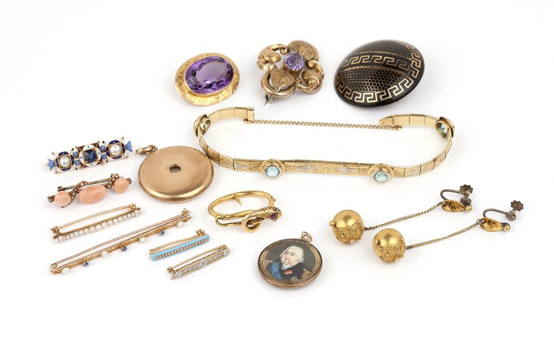 A group of six antique gold and gem jewelry: Of 14K and 10K gold set with gems, coral and enamel including: two brooches, one minature painted portrait of Louis XVIII with his wife on the reverse pendant, six bar pins, one locket, one bracelet,