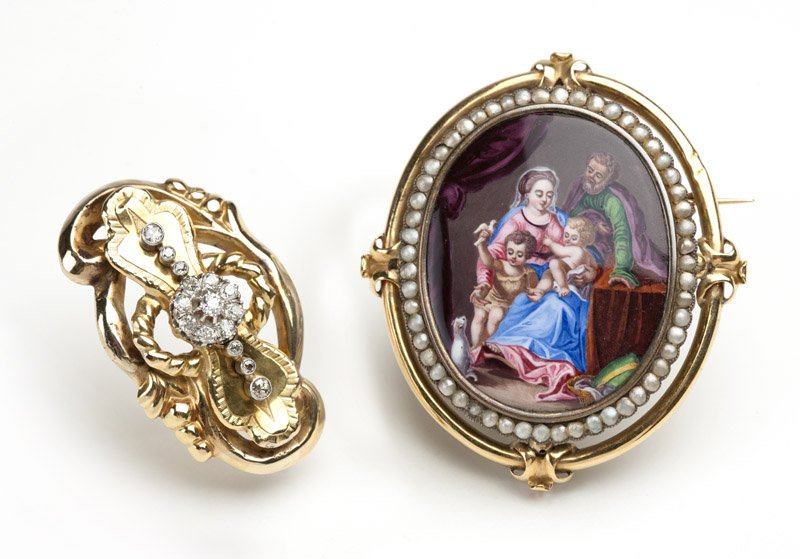 Two antique gold brooches: Tested 14K gold brooch set with 15 old mine-cut diamonds totaling approximately 0.75 ct, together with a 14K gold and gold-filled brooch centering an applied decal over abalone family portrait brooch