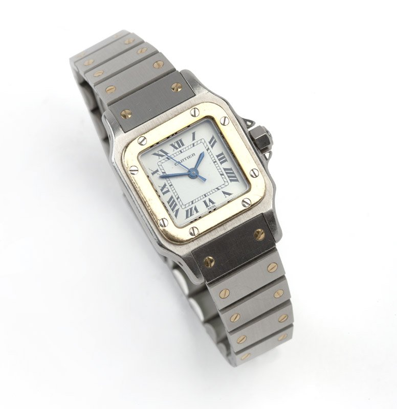 A Cartier Santos stainless and gold wristwatch: The square white dial signed ''Cartier Swiss'' and with secret signature at ten o'clock, with black Roman numerals and black minute track, blued steel hands, center sweep seconds; attached to an autom