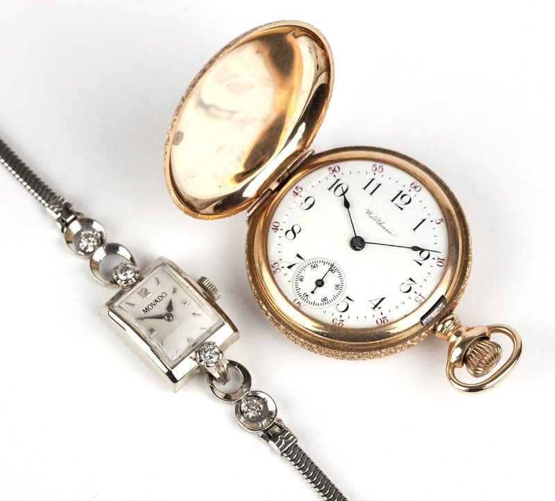 Two lady's gold watches: The first: a Waltham 14K gold pocket watch with circular white porcelain dial, Arabic numerals, sub-seconds, signed ''Waltham'', attached to a stem wind and set movement, number: 8643550, within a 14K