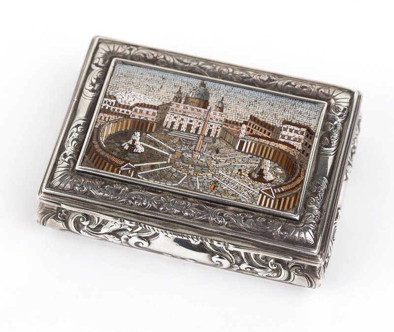 A sterling silver and micro mosaic box: Sterling silver box with gilt wash inside and micro mosaic of Vatican City on lid, inscribed on the bottom: ''Presented to Duncan Macdonnall Esq. by Ten Young Men who have served in his Mercantile Est