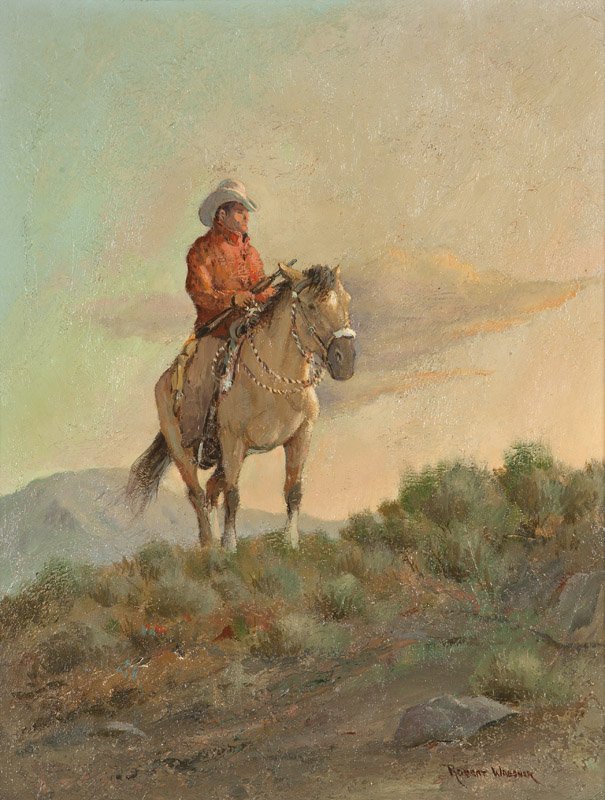 Robert B. Wagoner (1928-* California): Cowboy on horseback looking into the distance, signed lower right: Robert Wagoner, oil on masonite, 18'' H x 14'' W, est: $300/500 Provenance: Private Collection, Long Beach, CA