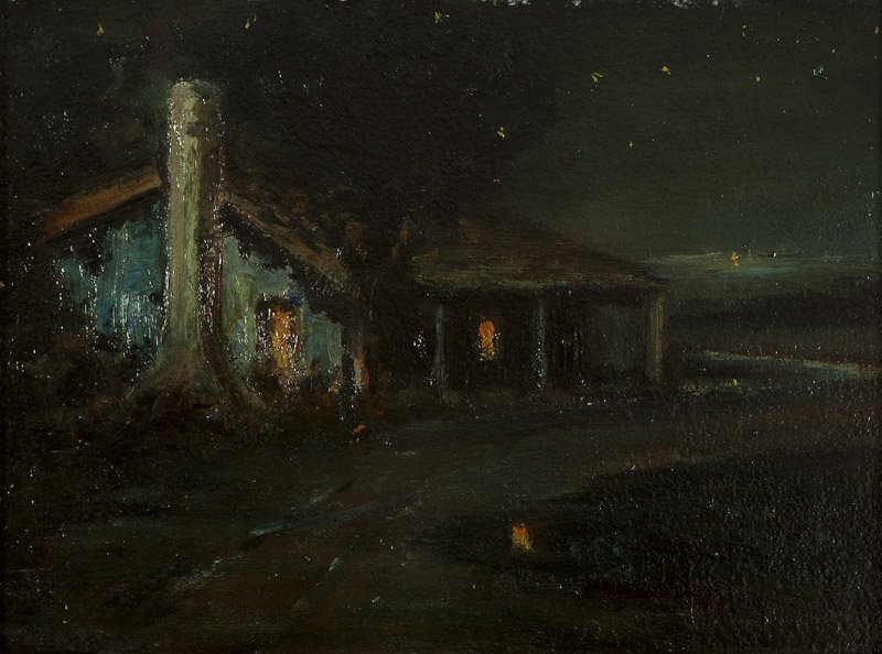 Charles Rollo Peters (1862-1928 Monterey, CA): Adobe nocturne, indistinctly signed lower left, oil on board, 9'' H x 12'' W, est: $2000/3000 Provenance: Private Collection, Long Beach, CA