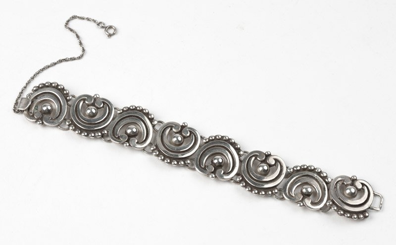 A silver bracelet, Los Castillo: Stamped Los Castillo, Taxco, Sterling, Mexico, 325, a swirl and bead sectional bracelet, hook closure, 6 3/4'', 39 gms, est: $150/250 Provenance: Property from a Southern California Collector