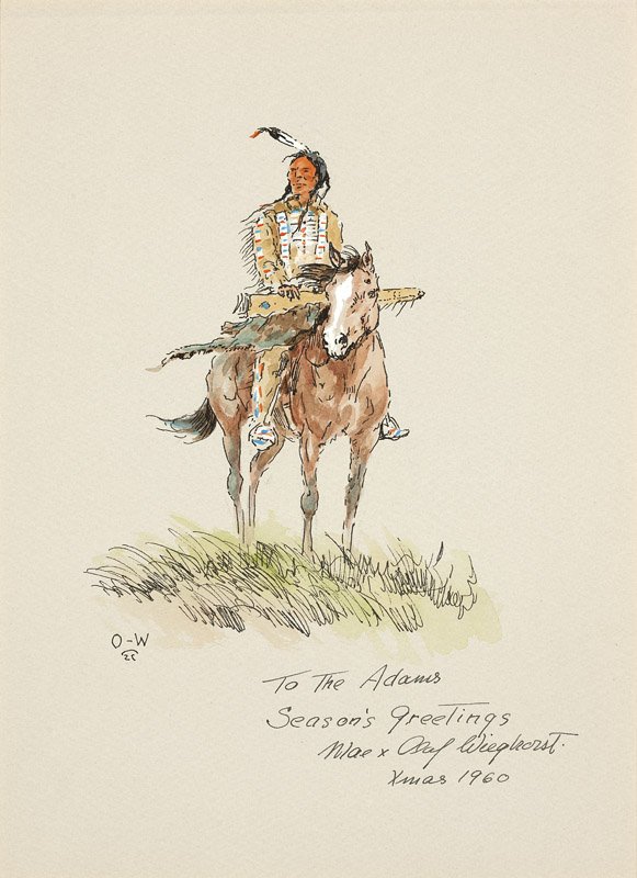 Olaf Wieghorst (1899-1988 Cajon, CA): Seated Indian on horseback, signed lower left and with artist's device: O-W, inscribed and dated lower right: To the Adams - Seasons Greetings Mae x Olaf Wieghorst, Xmas 1960, ink and watercolor on pa