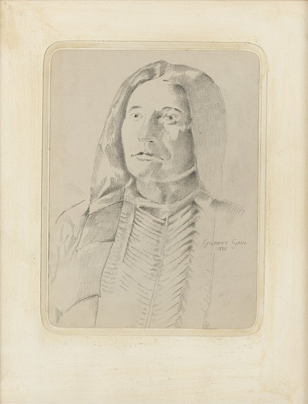 Gilbert Gaul (1855-1919 New York, NY): ''Head Of An Indian'', signed and dated lower right: Gilbert Gaul / 1885, titled on a gallery label verso, pencil on gray paper under Plexiglas, sight size: 9.25'' H x 6.75'' W, est: $400/600 Note: Pa