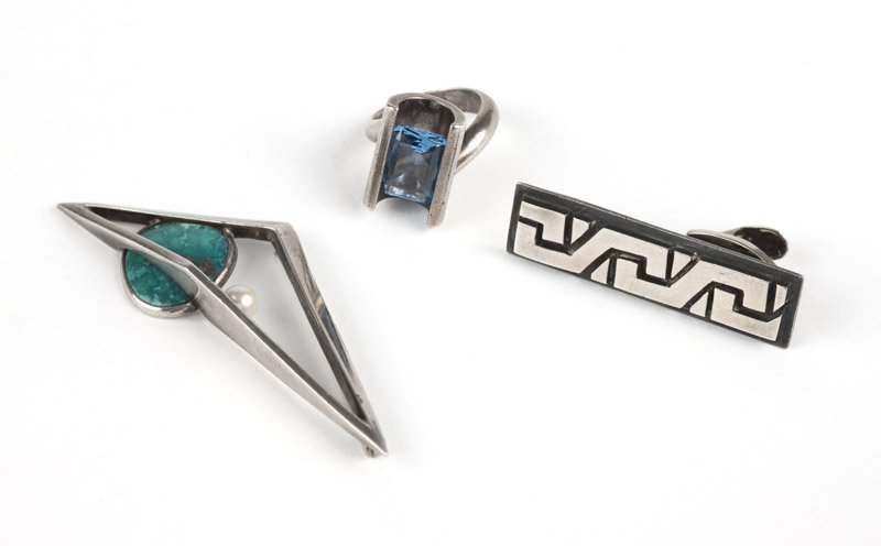 A group of silver and stone items, Antonio Pineda: Stamped for Antonio Pineda, 970 Sterling, Mexico, eagle mark 17, including a cultured pearl and amazonite brooch, a tie clip and a ring centered by a blue stone, 2 3/4'' x 1'', 1 3/4'' x 1/2'' and siz