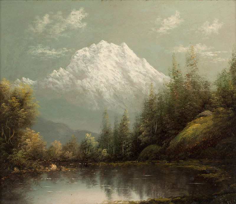Eliza Barchus (1857-1959 Portland, OR): ''Noonday'', Mt. Rainier, signed lower right: Barchus, titled on a conservation label affixed verso, oil on board, 10'' H x 12'' W, est: $600/800 Provenance: Private Collection, Long Beach, CA