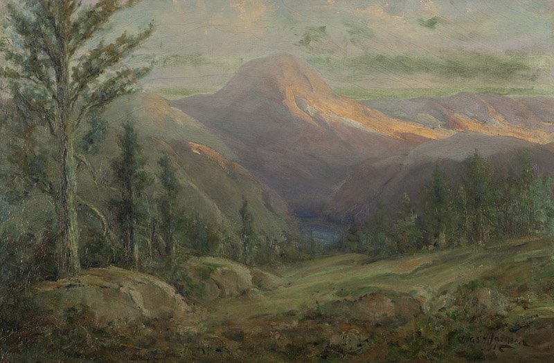 Charles Henry Harmon (1859-1936 San Jose, CA): ''Mt. Hoffman From Tuolumne Meadows Over Lake Tenaya'', Yosemite, signed lower right: Chas H. Harmon, titled on stretcher, oil on canvas laid to waxed canvas, 20'' H x 30'' W, est: $600/900 Provenance