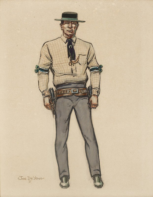 Joe De Yong (1894-1975 Los Angeles, CA): Gunslinger, signed lower left: Joe De Yong and with the artist's device, mixed media on paper board under Plexiglass, 20'' H x 16'' W, est: $600/900 Note: Cecil B. DeMille, the prolific motion picture