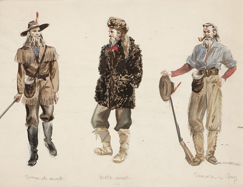 Pat Barto (*-1997 Los Angeles, CA): Three costume design sketches for a mountain man, unsigned, inscribed upper left under the matting: Porter Rockwell, unframed watercolor on Strathmore paper, sight size: 11.5'' H x 15'' W, est: $75/12