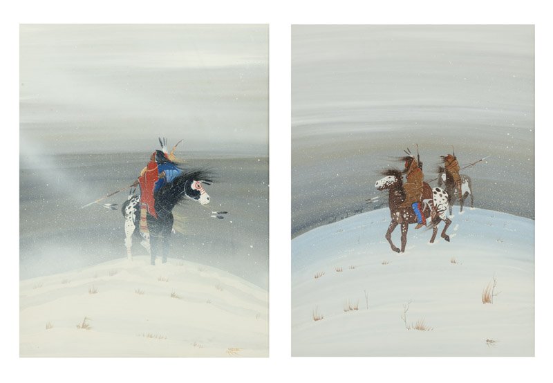 Rance Hood (1941-* Dennison, TX): Two works: ''Winter Scout'' and ''Winter Hunters'', each: signed and dated with copyright symbol lower right: Hood / 84, and with the artist's device, each: titled on the backing boards verso, each: t