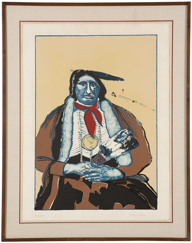 Fritz Scholder (1937-2005 Scottsdale, AZ): Indian with feather fan, signed in pencil lower right: Scholder, numbered in pencil lower left: 132/150, with the Tamarind Institute embossed seal lower left and another embossed seal lower right, col