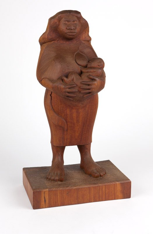 Russell Wray (1955-* Maine): Late 20th / early 21st century, signed to base ''R. Wray'', a carved wood sculpture depicting a standing mother nursing her baby, raised on an integral rectangular plinth, 26.5'' H x 14.5'' W x 9.25''