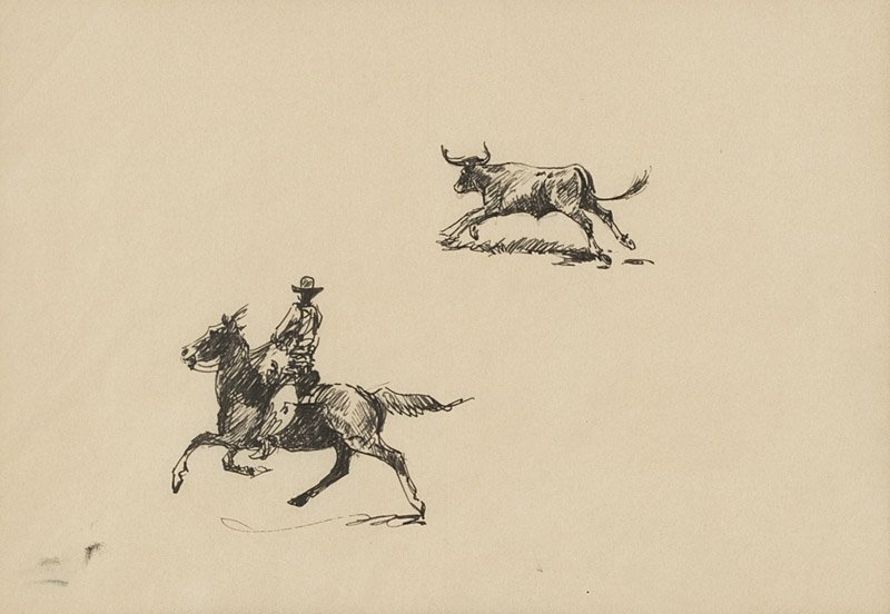 Edward Borein (1872-1945 Santa Barbara CA): Cowboy chasing a steer, unsigned, India ink on paper under glass, sight size: 6.75'' H x 9.75'' W, est: $500/700 Note: A letter of authenticity from Harold G. Davidson, dated December 2, 1975 and numb