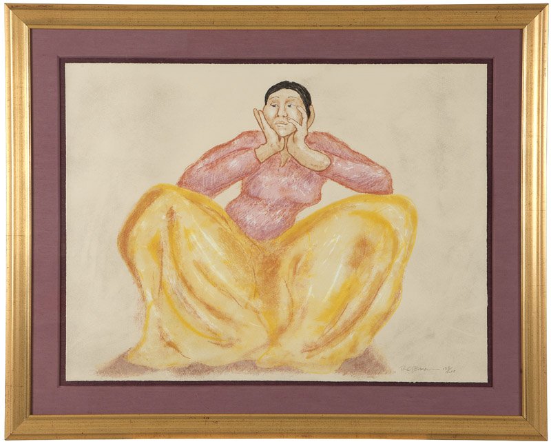 R. C. Gorman (1932-2005 Santa Fe, NM): Seated lady in a dress, signed and numbered in pencil lower right: R.C. Gorman 133/150, with the artist's blind stamp lower center and the ''EP'' blind stamp lower right, lithograph on paper under gla