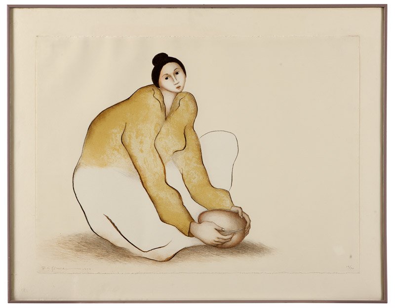 R. C. Gorman (1932-2005 Santa Fe, NM): Seated female potter, signed and dated in pencil lower left: R.C. Gorman / 1979, numbered in pencil lower left: 14/70, with the artist's blind stamp lower center, with other blind stamps lower center 