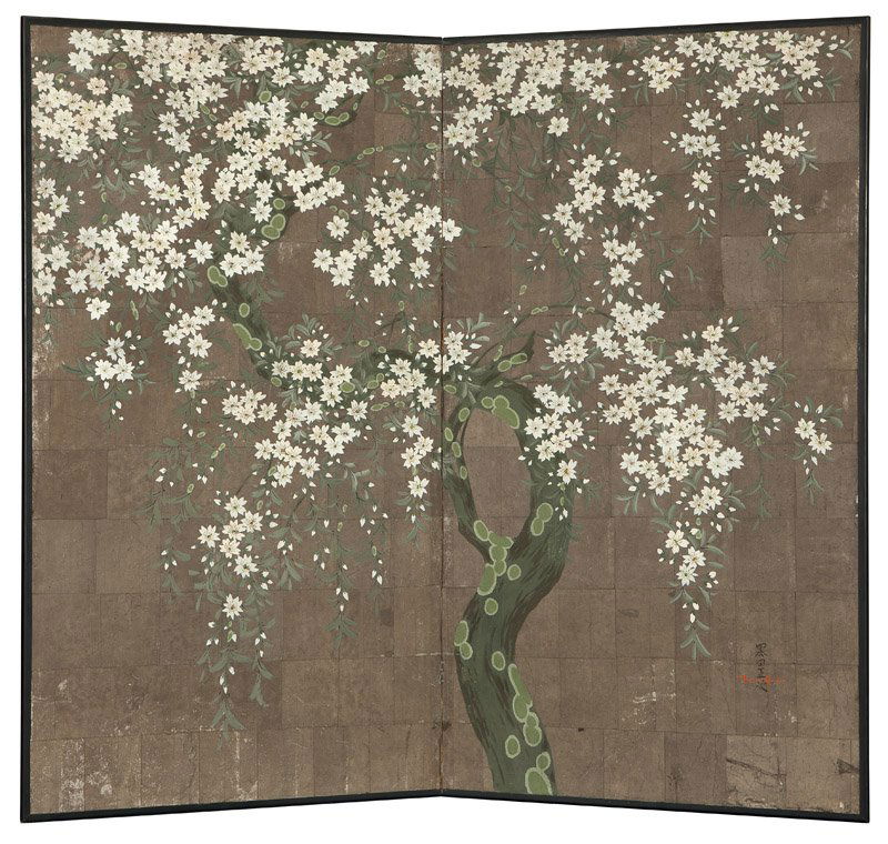 Robert Crowder (1911-2010 Beverly Hills, CA): 20th century, signed lower right ''Robert Crowder'' overlaid on Japanese characters, ink and colors on paper, a two-panel folding byobu screen, cherry blossom motif, 72'' H x 72'' W, est: $1000/2000 P