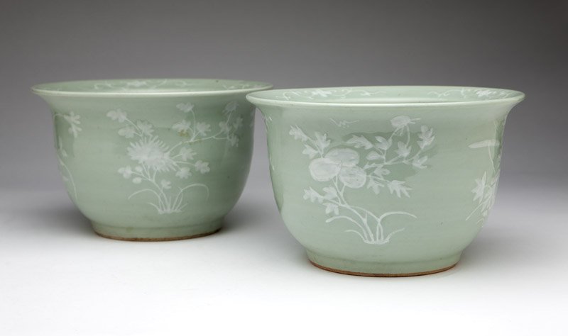 A pair of Chinese celadon-ground jardinieres (1 of 3)