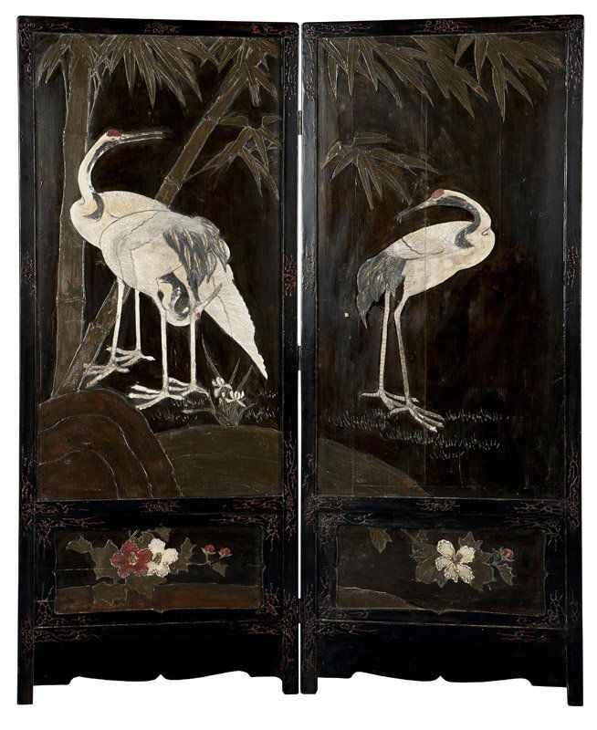 Japanese two-panel polychrome lacquer dressing screen (1 of 3)