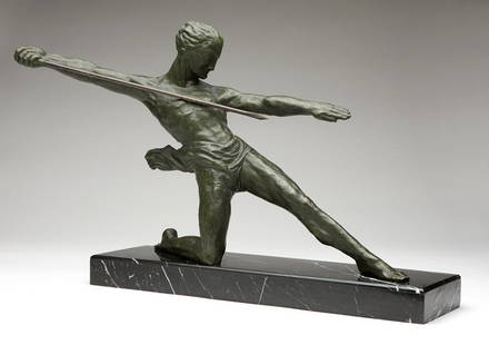 Michel Decoux (1837-1924 Belgian): ''The Warrior'', circa 1920s, signed in the bronze ''Decoux'', a green-patinated bronze male figure, modeled on one knee with left leg and arm extended forward, the right arm back with spear in hand,