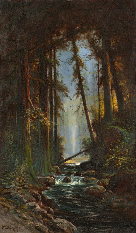 Astley David Middleton Cooper (1856-1924 San Jose, CA): Stream through a wooded forest, signed lower left: A.D.M. Cooper, oil on canvas, 50'' H x 29.75'' W, est: $1500/2000 Provenance: Private Collection, San Luis Obispo, CA