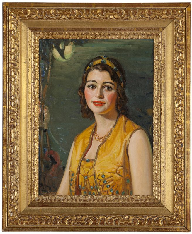 Christian von Schneidau (1893-1976 Los Angeles, CA): ''Minerva Wooley'', portrait of a young girl, signed lower left. C. von Schneidau, signed again, titled and numbered verso: P 728, oil on canvas, 24'' H x 18'' W, est: $500/700 Provenance: Private Col