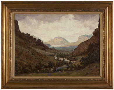 Antanas Zemaitis (1876-1966 Lithuanian): Campers in a valley landscape, signed and dated lower right: A. Zemaitis / 23, oil on canvas, 24'' H x 33.5'' W, est: $7000/9000 Provenance: Estate, New Jersey