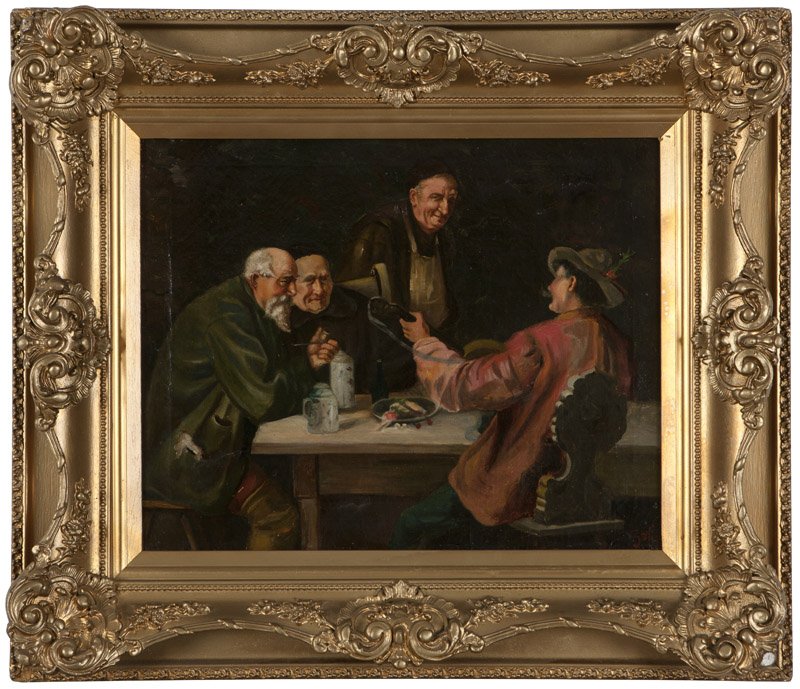 19th Century Continental School: Four figures at a tavern table, signed indistinctly lower right, oil on canvas, 16'' H x 20'' W, est: $500/700 Provenance: Private Collection, Rancho Palos Verdes, CA