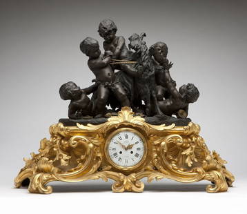 A Deniere and Cailleaux bronze mantle clock: Third quarter 19th century, the dial signed ''Deniere / F.t de bronzes / a Paris'', the two-train movement stamped ''2982 / Deniere / a Paris'' and ''Cailleaux'', surmounted by a patinated bronze figu